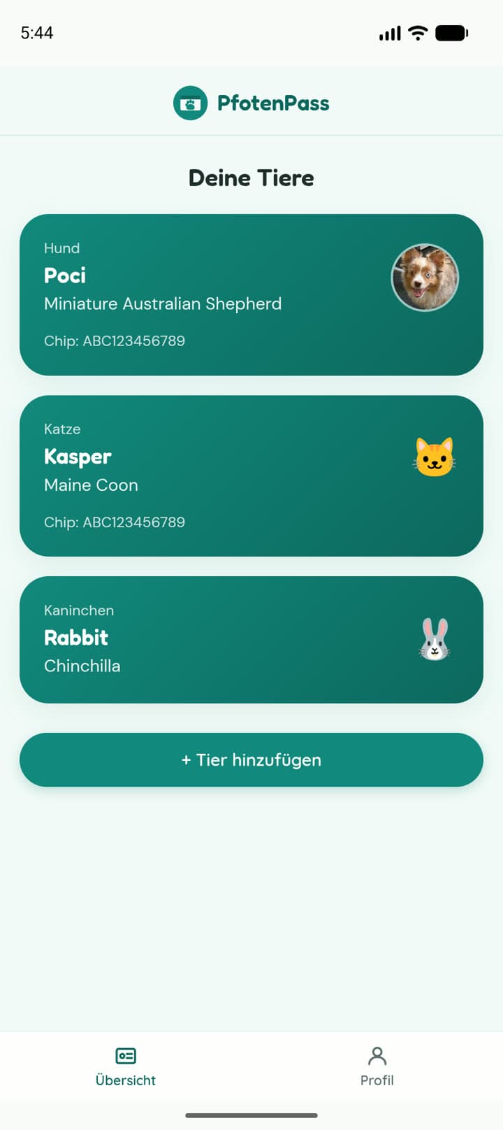 Tierübersicht im PfotenPass mit Hund, Katze und Kaninchen