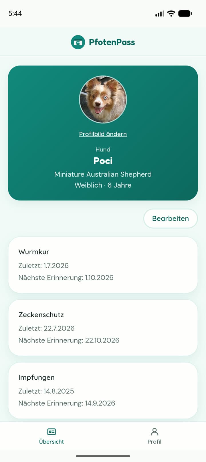 Tierprofil im PfotenPass mit Rasse, Alter und Chipnummer