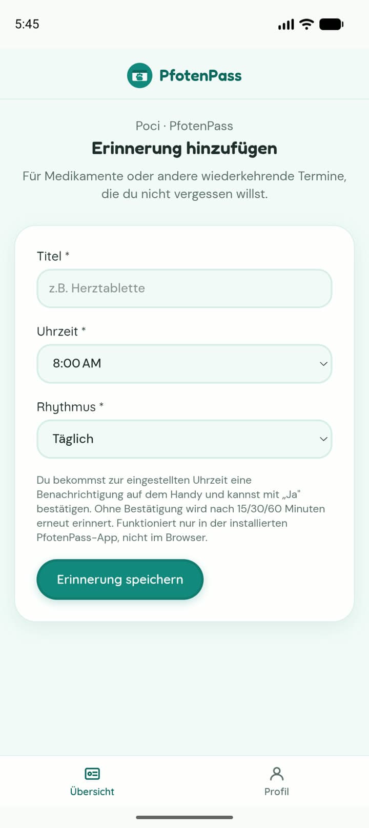 Erinnerung im PfotenPass anlegen, z.B. für ein Medikament